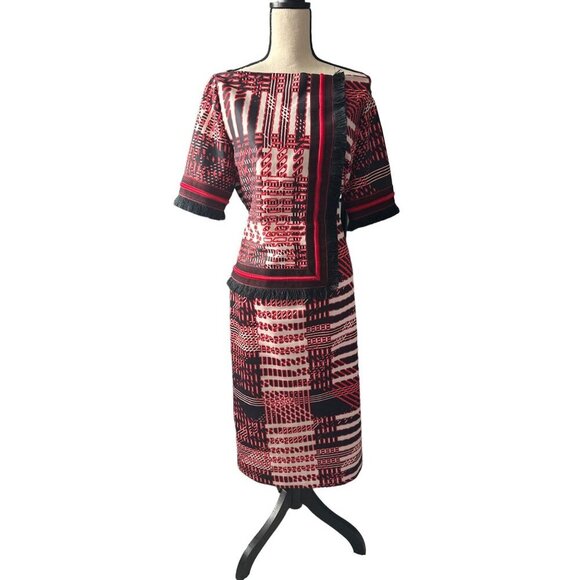 Jody David Dresses & Skirts - Jody David Red Dress Black Panels Fringe Boat Neck Short Sleeve Geometric XL